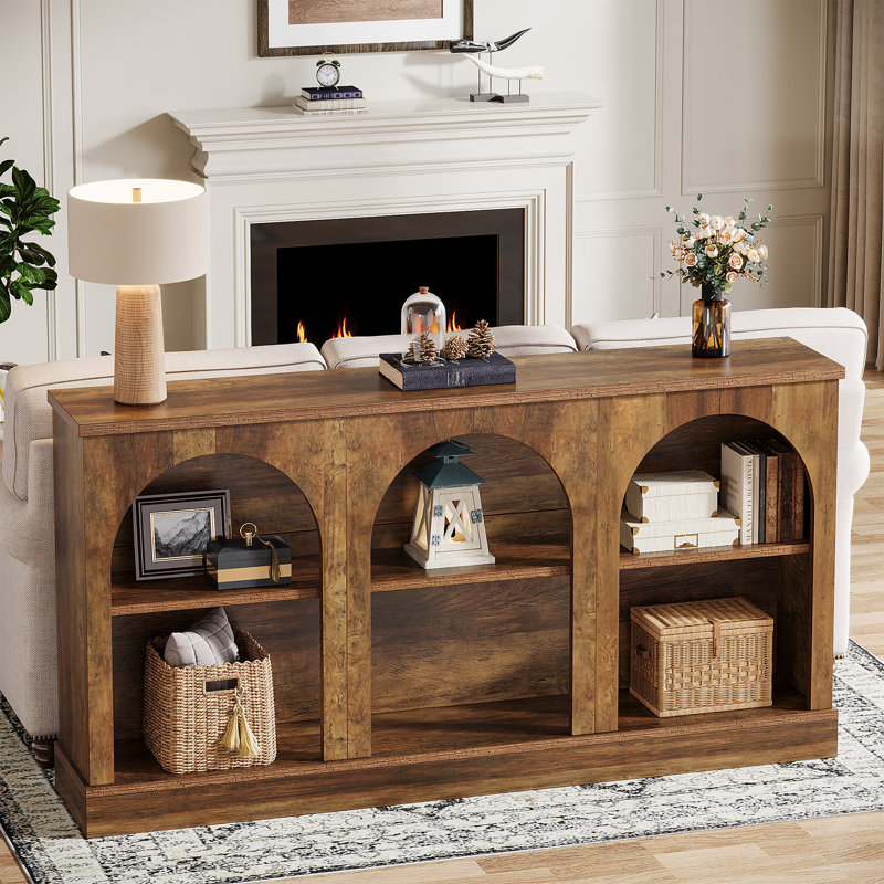 63 Inch Long Farmhouse Wooden Rectangular Entryway Console 3 Tier Storage Sofa Table Behind Couch Gracie Oaks